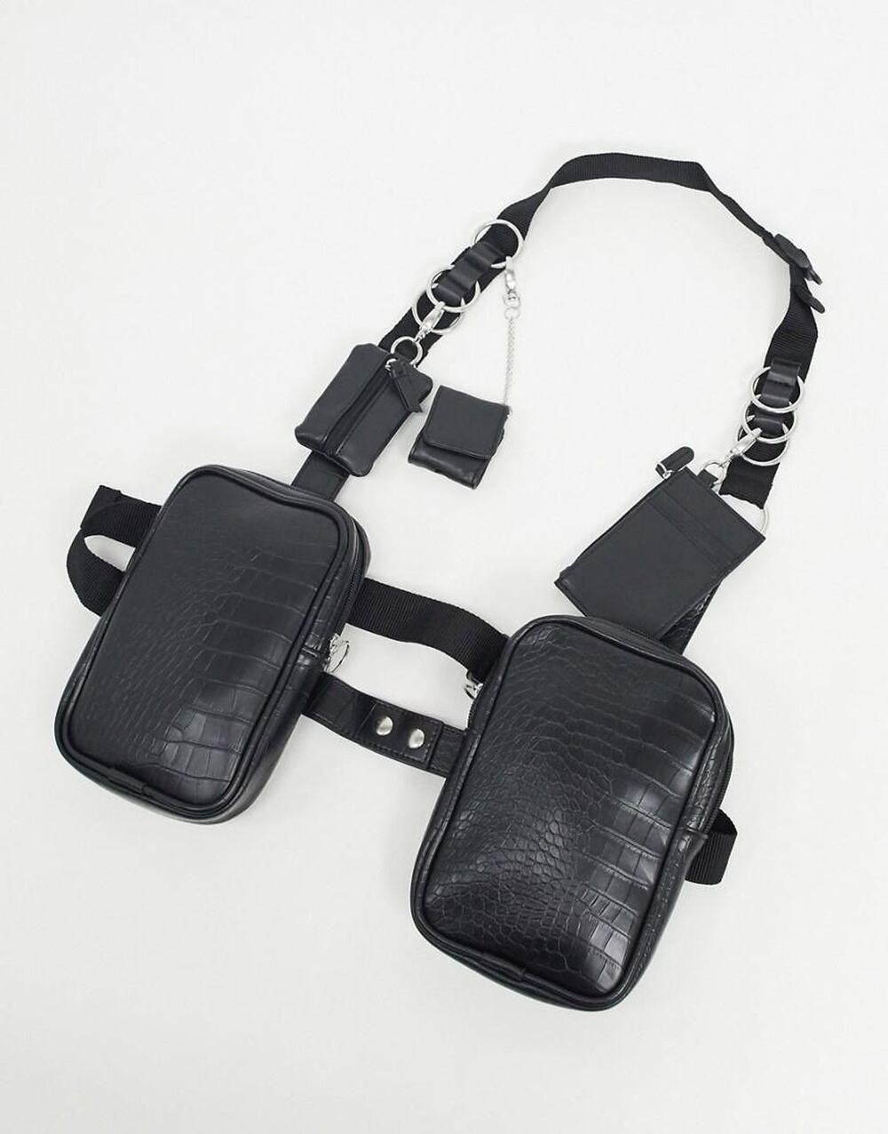 Black Leather Dual Shoulder Holster Harness Chest Pouch Utility Crossbody 10x7.5